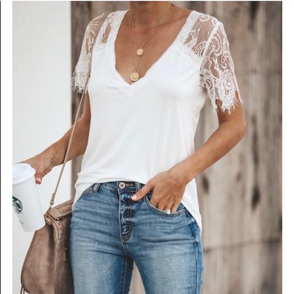 NWT Eyelash Lace Sleeves White V-neck Tee T-Shirt - Picture 1 of 8
